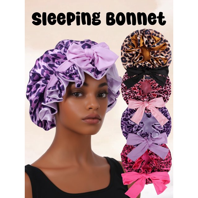 4Pcs Hair Bonnet Printed Leopard Double Layer Satin Splicing Hair Bonnet For Sleeping For Curly And Straight Hair 4PCS M