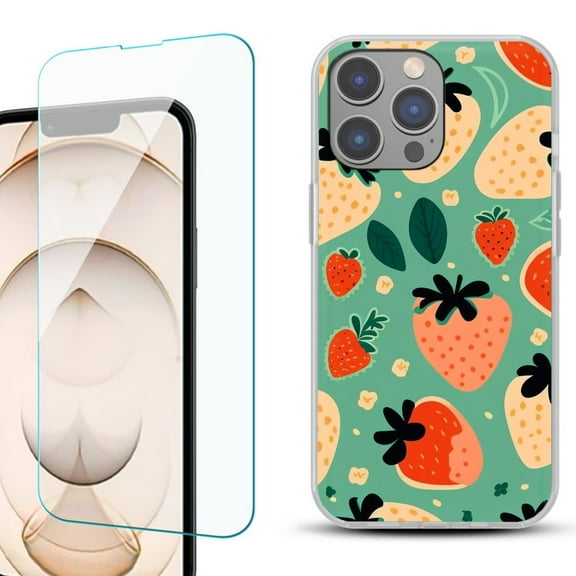 OneToughShield ® for iphone 13 Pro Shockproof Phone Case, with Tempered Glass Screen Protector - Stawberry Mix