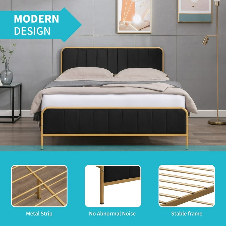 CECER King Size Metal Platform Bed Frame with Dutch Velvet Headboard Clearance Bed Frame Upholstered Headboard Metal Strip Support No Box Spring