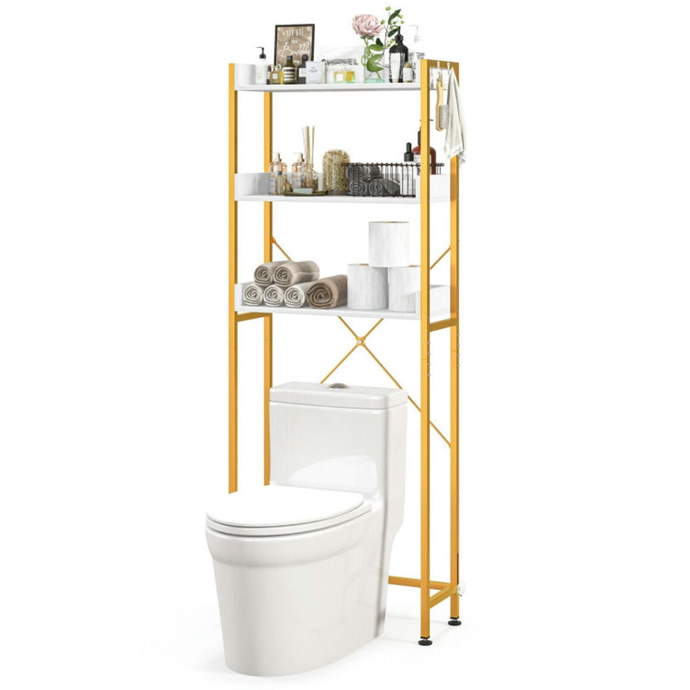 Finihen Toilet Storage Rack, Toilet Storage Shelf, Over The Toilet Storage Rack with Hooks and Adjustable Bottom Bar, for Bathroom, White