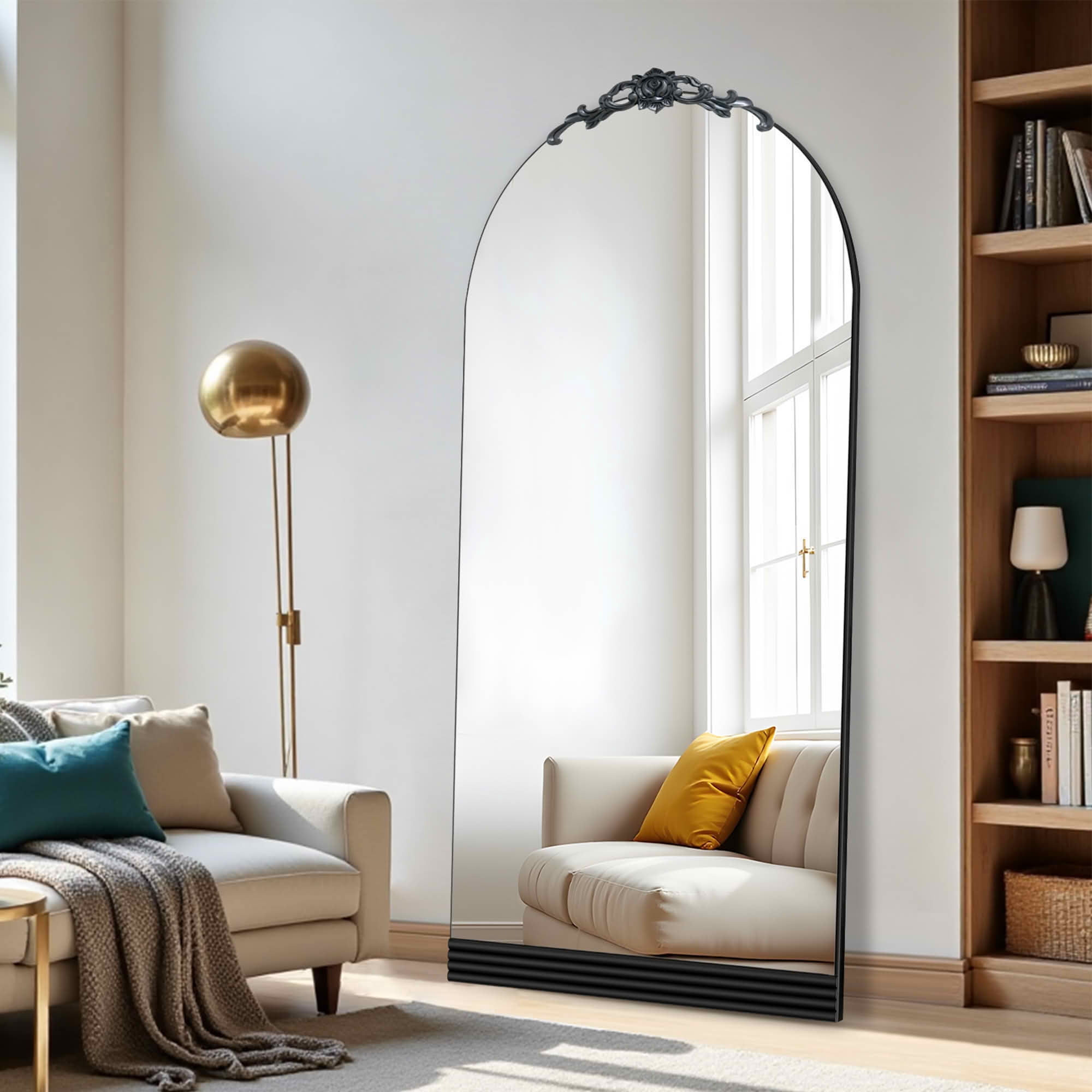 MAYEERTY 71x31x1 Inch Black Wood Bottom Stripe Right Angle Arched Full Length Mirror, No Stand for Bedroom