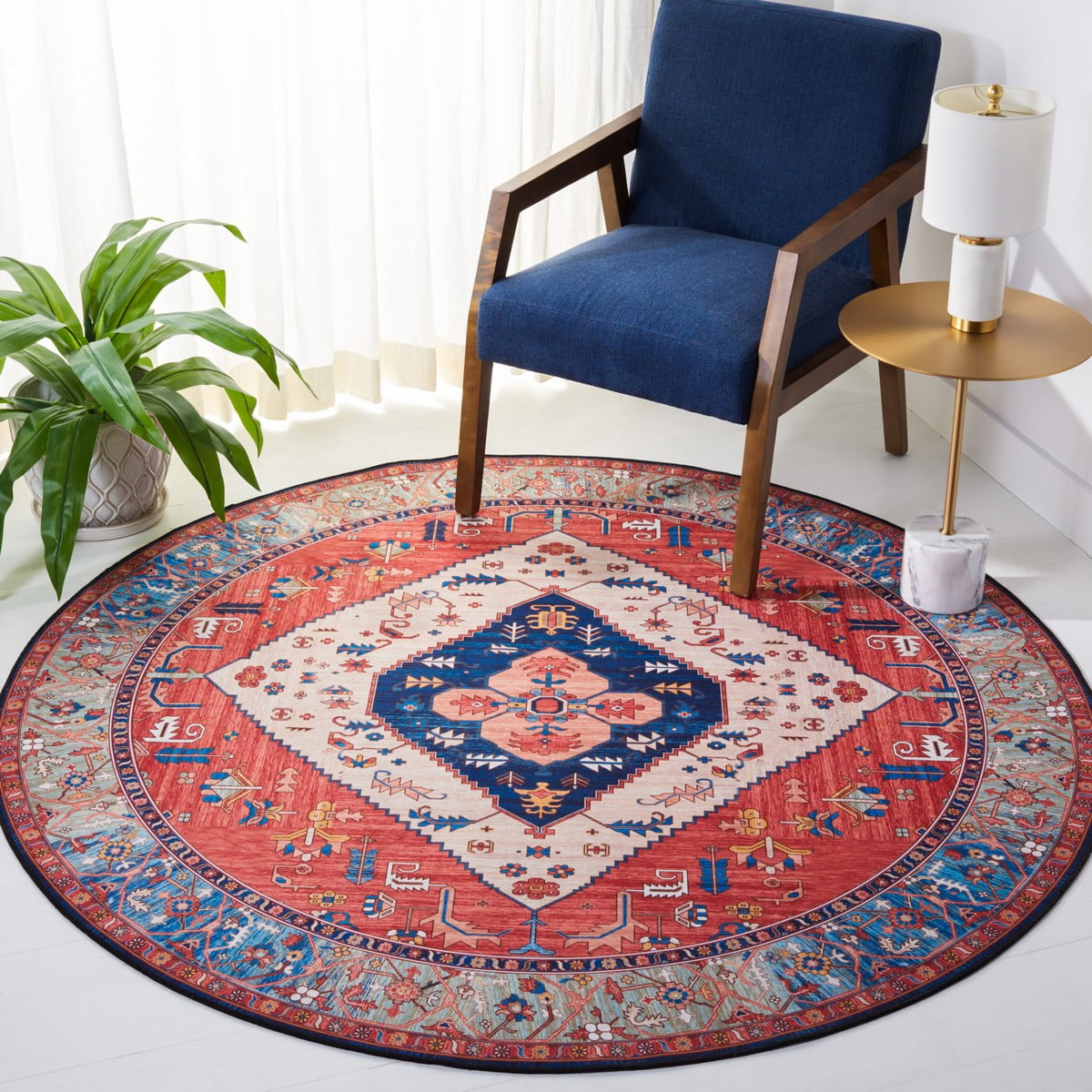SAFAVIEH Tucson Barrfind Traditional Machine Washable Area Rug, 6' x 6' Round, Rust/Blue