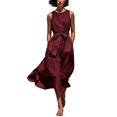 thumbnail image 2 of NTACZA Summer Dresses A-Line Maxi Cotton Lien Sleeveless Flowy Round Neck Ruched Waist Vacation Casual Front Tie Beach Red XXXL, 2 of 7