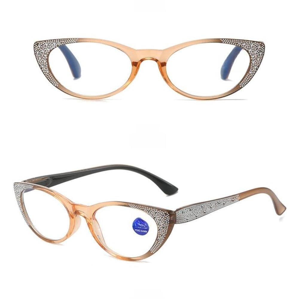5 Pairs of Brown Cat Eye Blue Light Blocking Reading Glasses 4.00 or Women Fashion Diamond Presbyopic Glasses Ladies Spring Hinges HD Readers +4.00 Strength