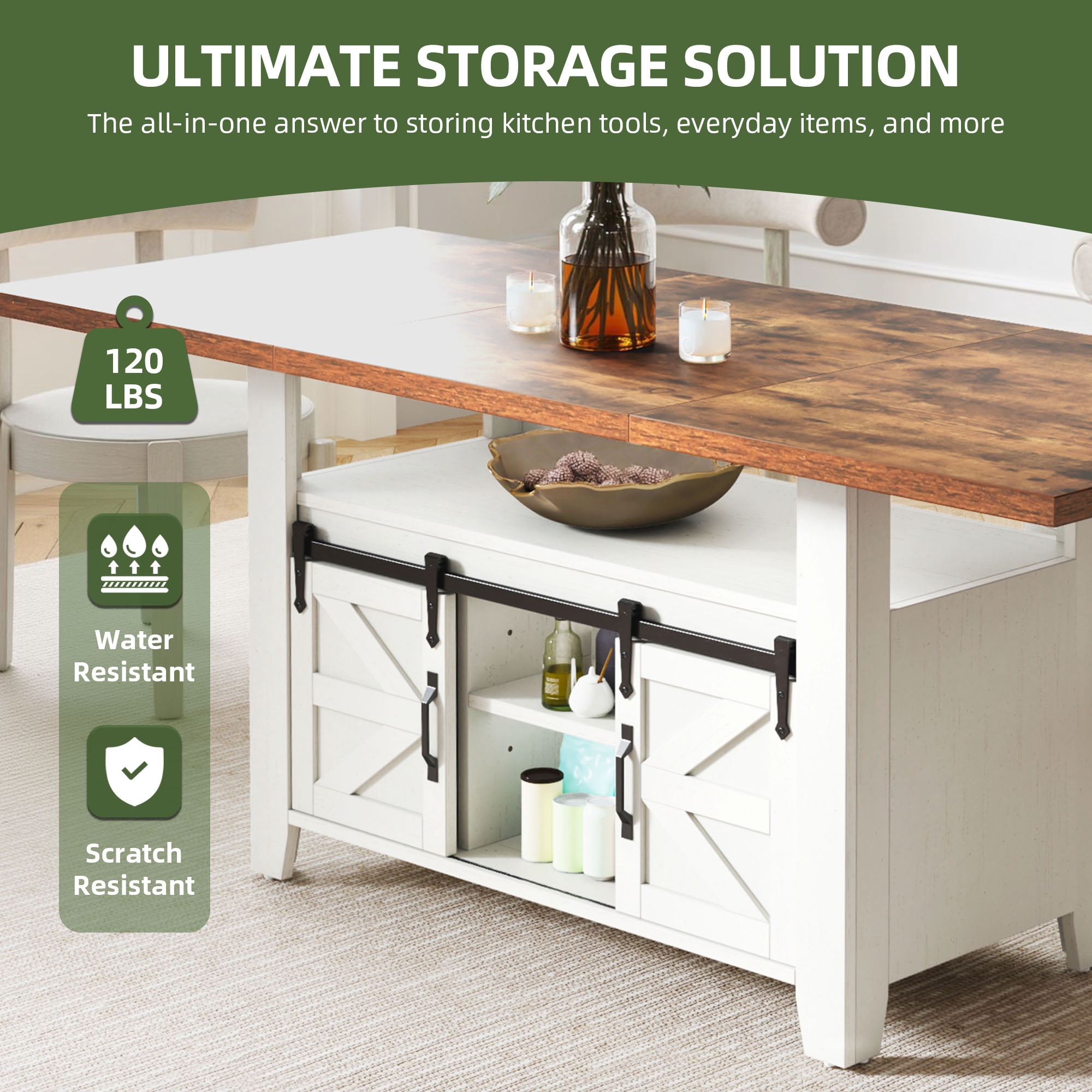 Uforic 70" Farmhouse Dining Table for 6-8 People, Rectangle Kitchen Table with Storage Rack, White