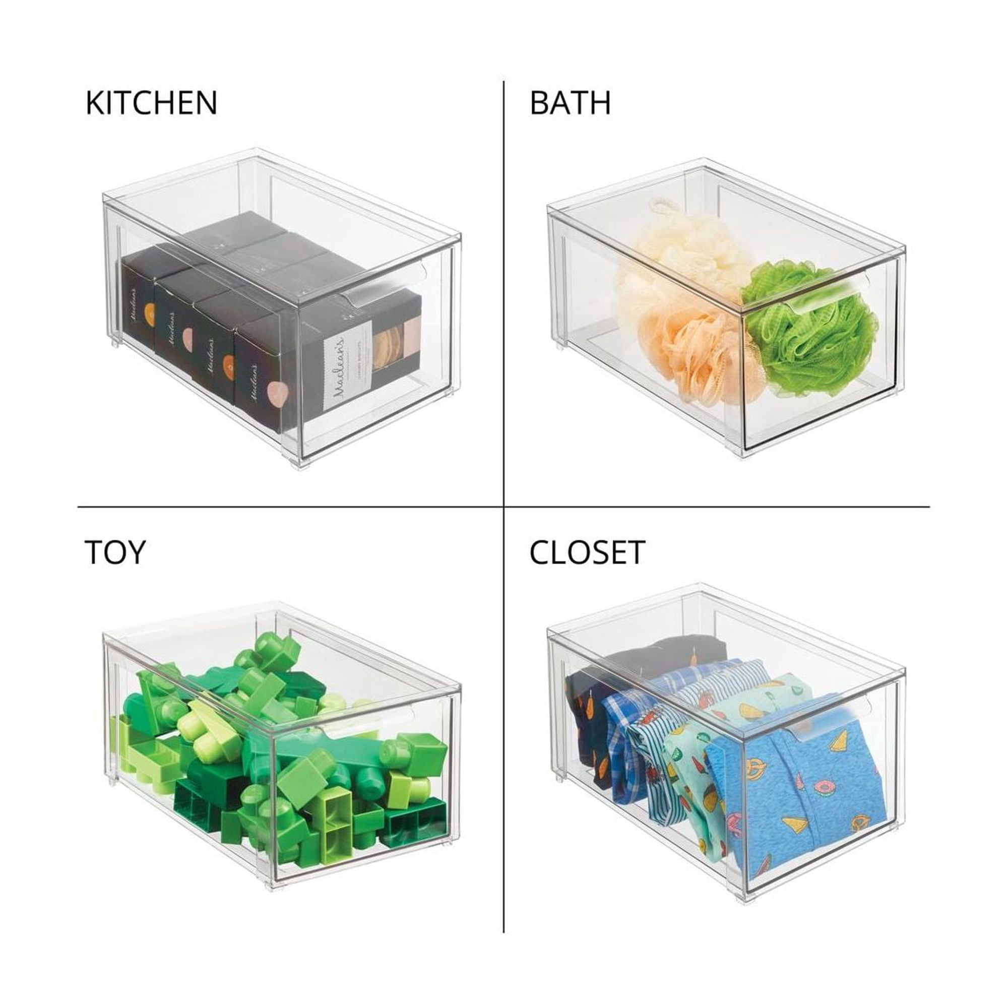 mDesign Plastic Stackable Crafting Drawer Organizer Bins, Handle, 4 Pack - Clear