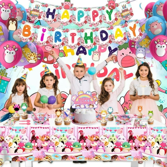 Set 201 Pcs Squishmallow Party Decorations, Squishmallow Birthday Decorations, Squishmallow Party Supplies Kids with Banner Cupcake Toppers Balloons Swirls Stickers Background