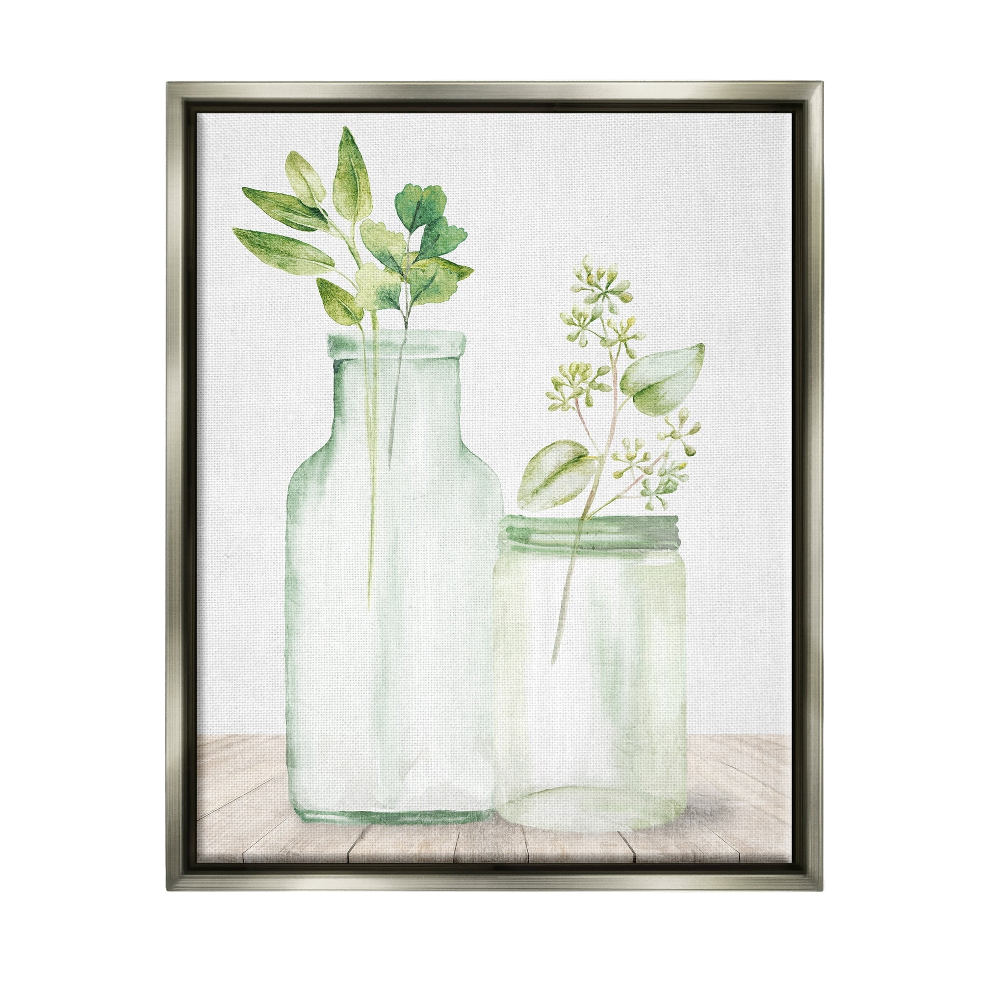 Stupell Industries Herbal Plant Sprigs Country Glass Jars Rustic Painting Graphic Art Luster Gray Floating Framed Canvas Print Wall Art, Design by Kim Allen