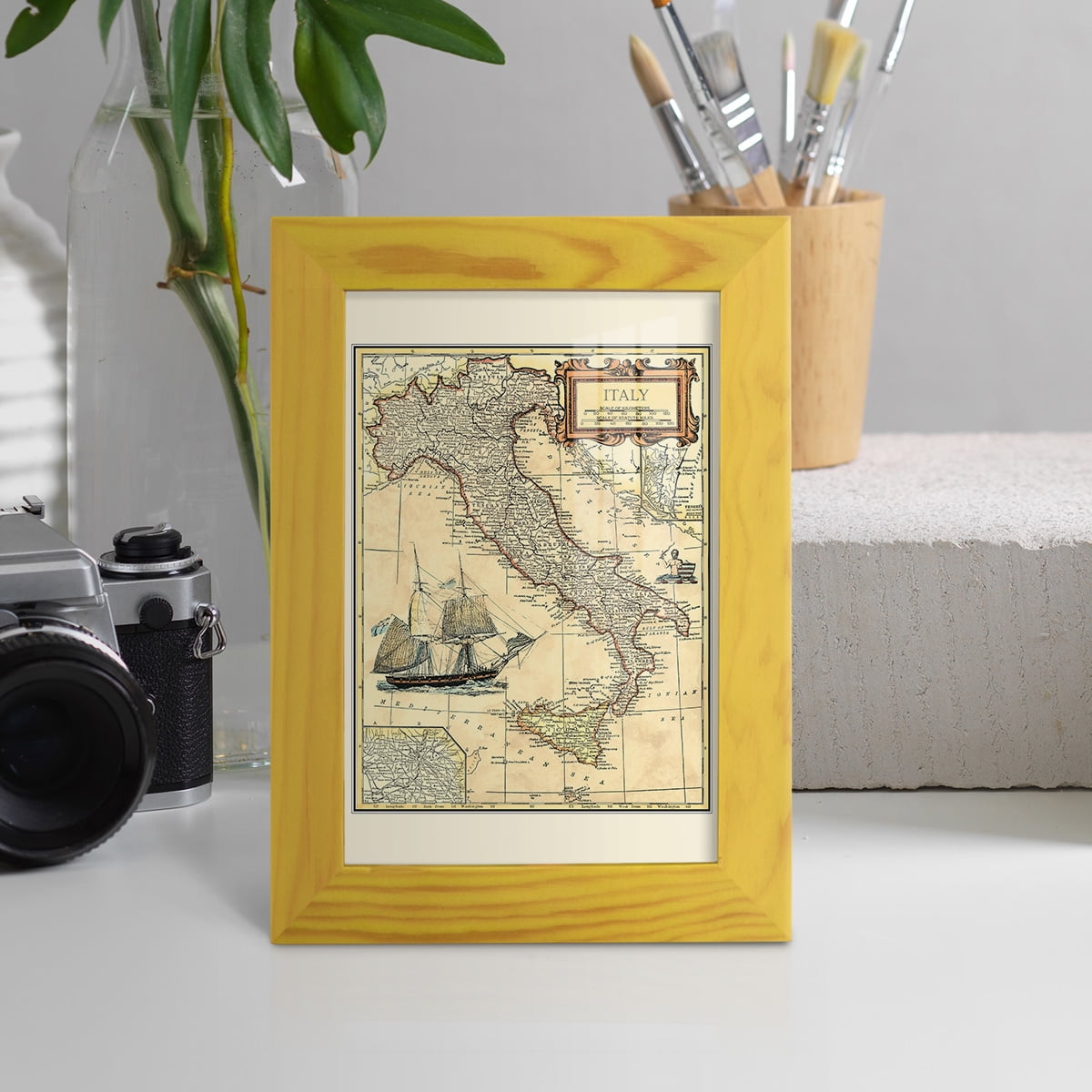 Italy Map -Framed Print w/glass-Sunflower Yellow