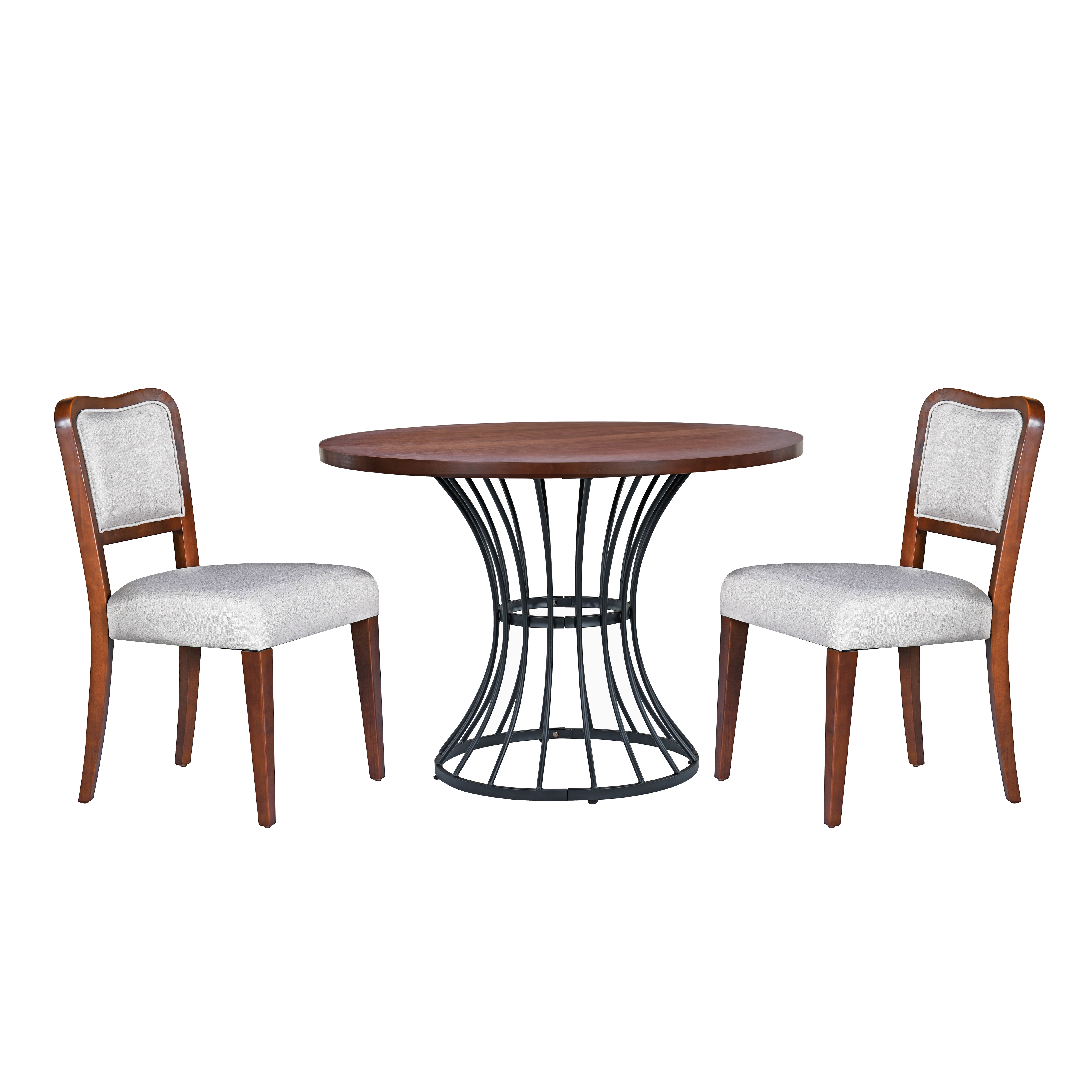 Euroco 3 Piece Dining Table Set for 2 ,42" Round Kitchen Table with 2 Upholstered Chairs and Heavy-Duty Iron Base,Compact Dining Set for Small Spaces, Kitchen, Living Room,Walnut