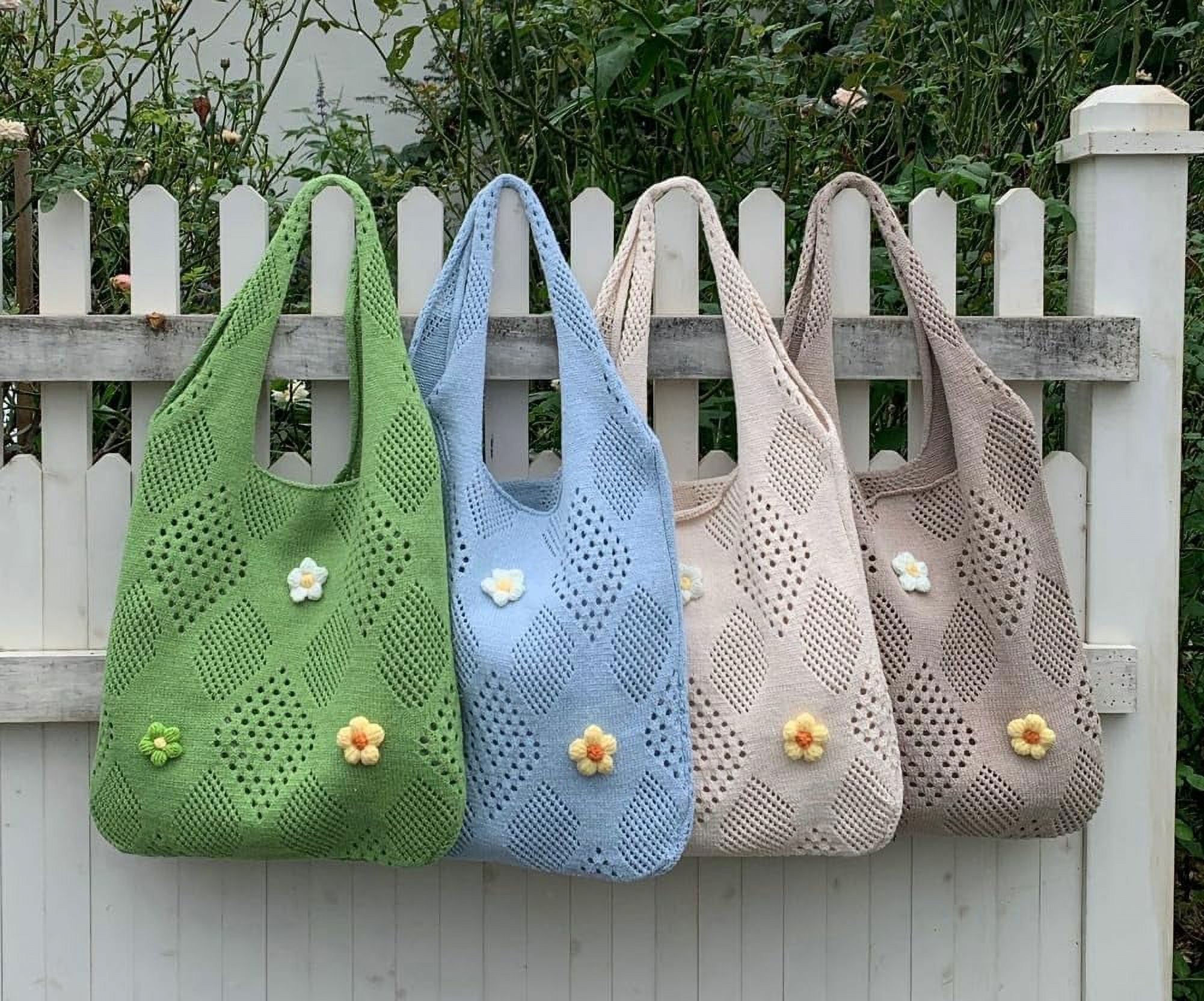 Kukuzhu Women's Crochet Tramp Bag Knitted Tote Bag Shoulder Floral Pattern Tote Bag Vintage Wool Shopping Bag Hand-Woven Bag
