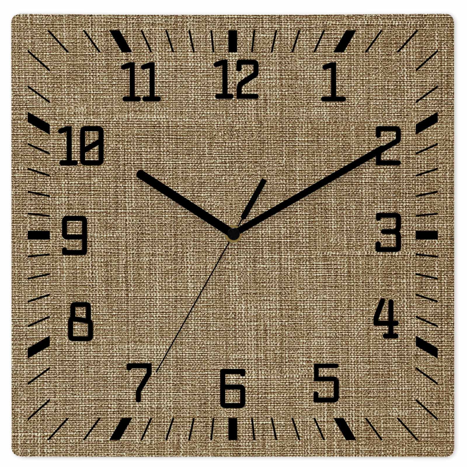 Brown Wooden Wall Clock Silent Non Ticking, Farmhouse Burlap Solid Beige Color Modern Linen Texture Square Wall Clocks Battery Operated, Decor Clock for Home Office, Living Room, Kitchen, 10 Inch