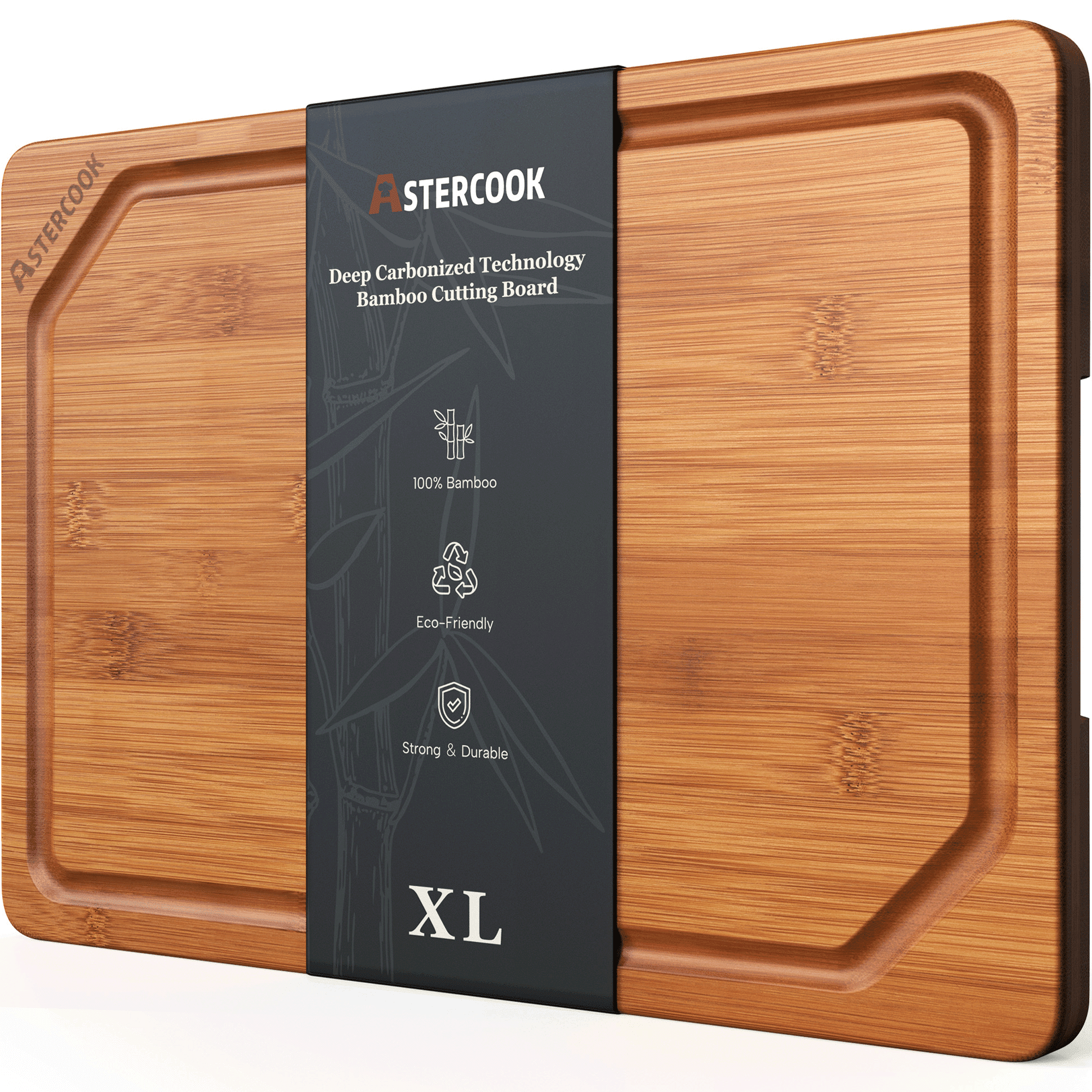 Astercook Deep Carbonized Bamboo Cutting Board, 12" x 17" Large Wood Chopping Board for Kitchen with Juice Groove & Side Handles, Knife-Friendly Serving Charcuterie Board for Meat, Vegetables, Fruit