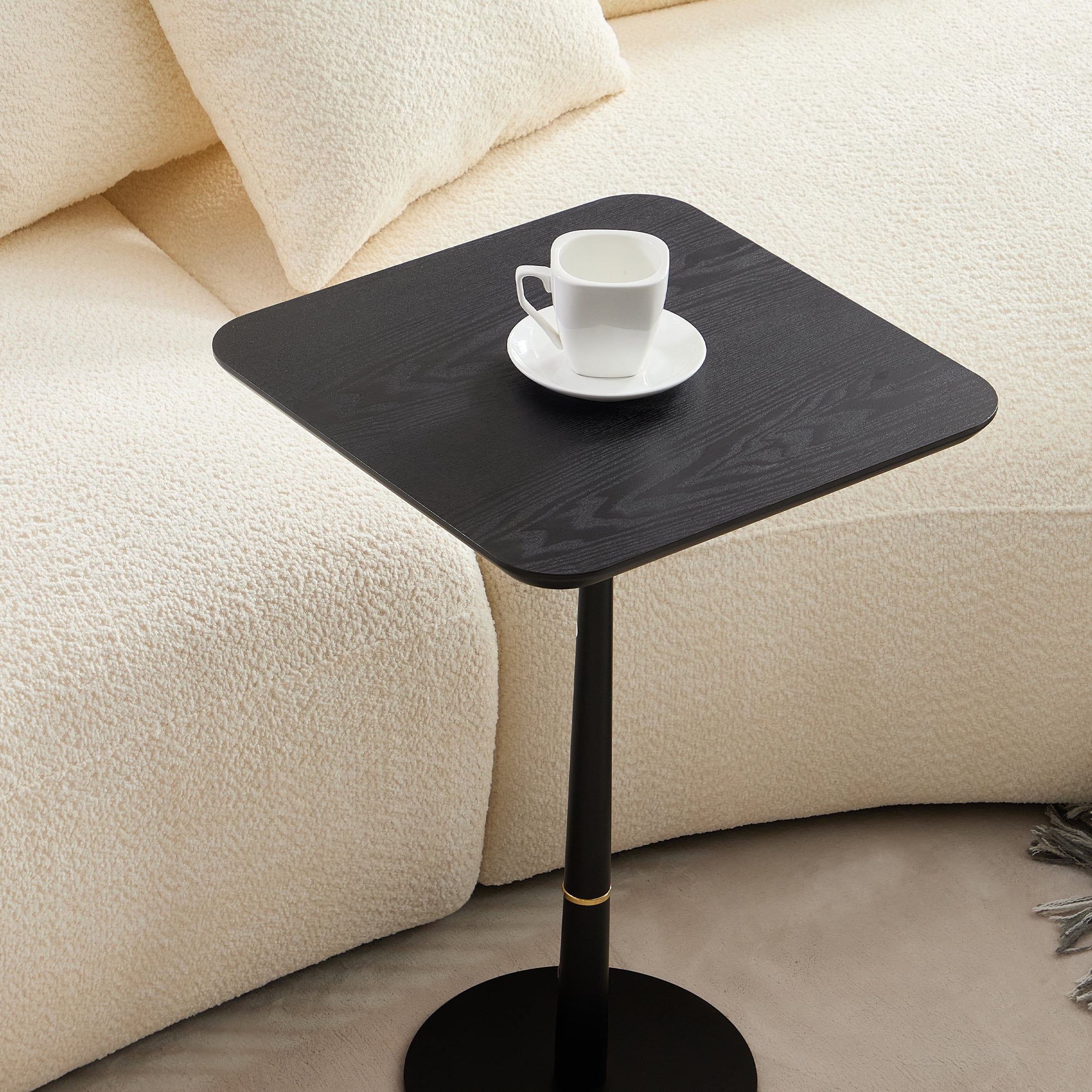 Square Coffee Table, Black Matte MDF Side Table with Metal Feet & Gold Decorative Ring, Waterproof Wear-Resistant Accent Table for Living Room Lounge Sofa Corner, Multi-Use as Computer Desk