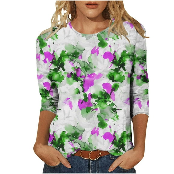 hopeusnice Spring Tops Crew Neck 3/4 Sleeve Floral Pattern Loose Fit Blouses for Women Dressy Casual Tunic Tops Fall Trendy Shirts Lightweight Basic Tees Green XXL