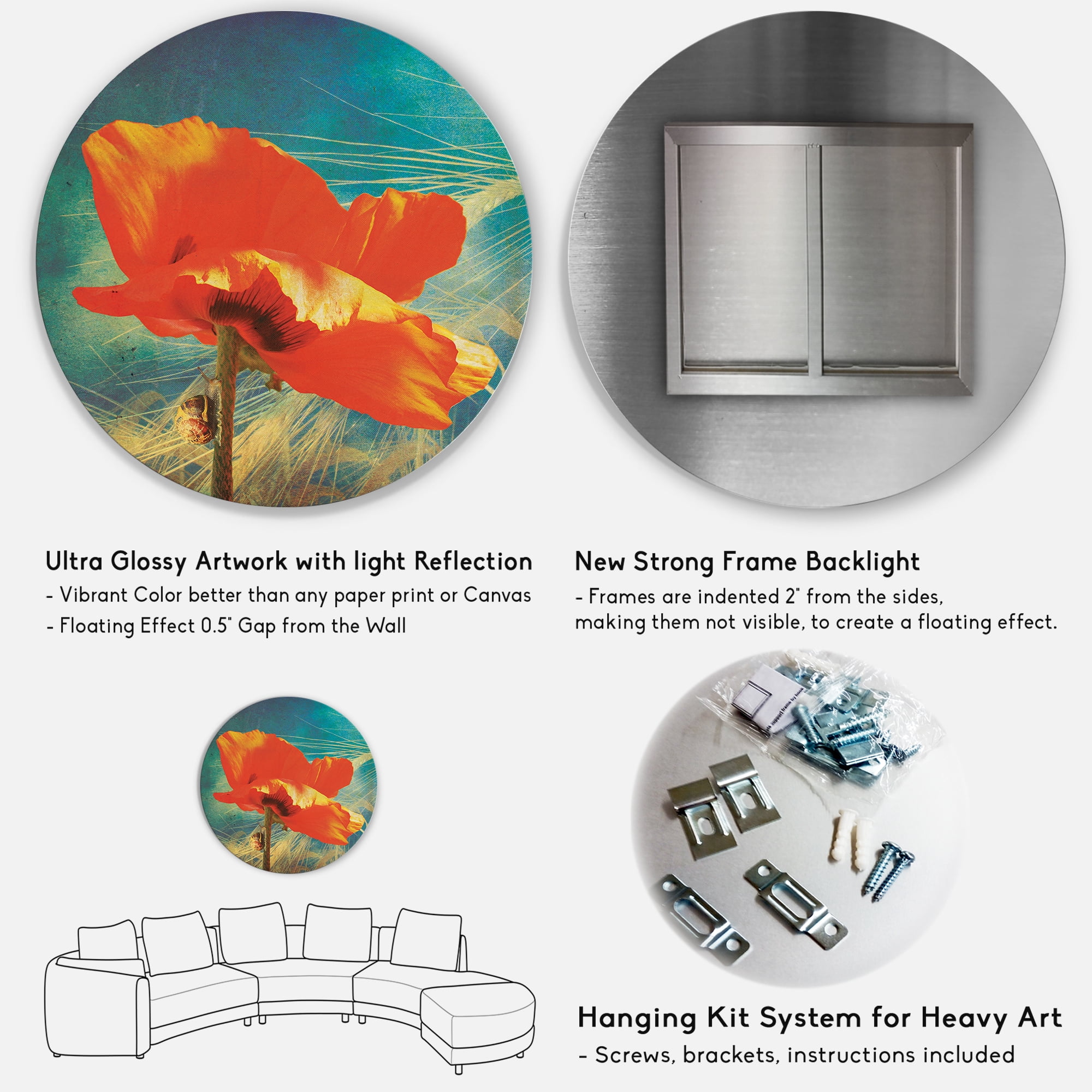 Designart 'Ancient Grunge Poppy' Traditional Circle Metal Wall Art 23x23 - Disc of 23