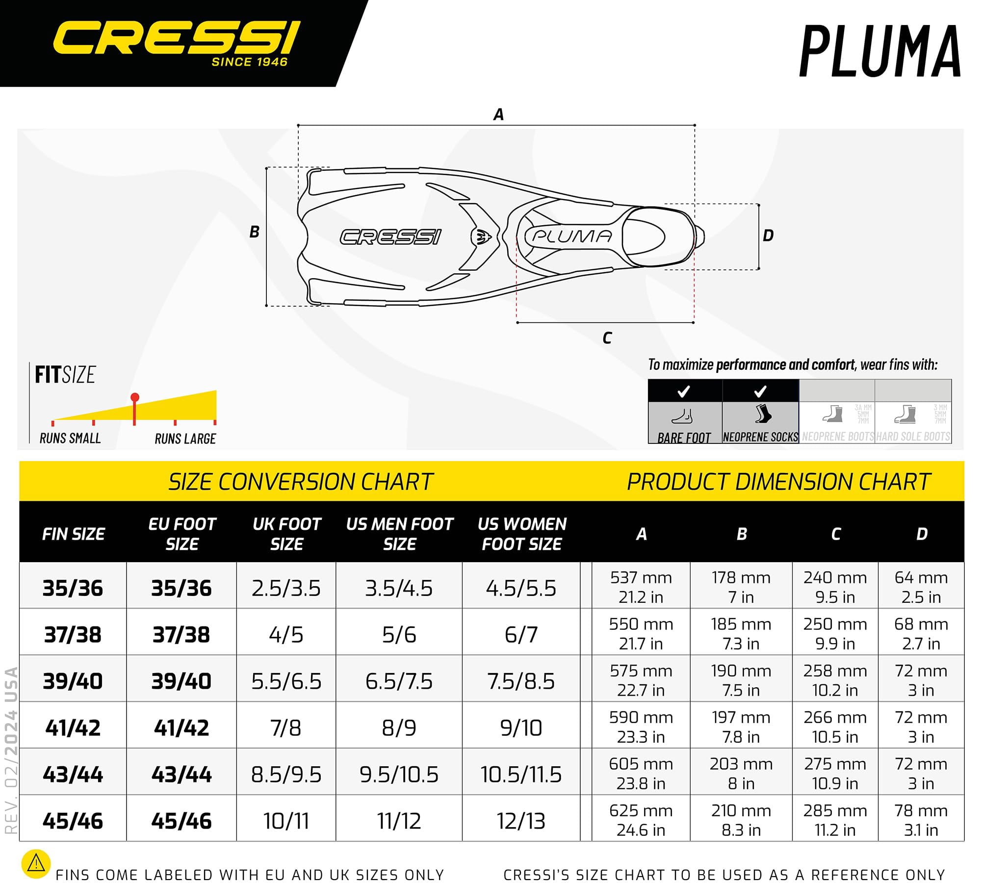 Cressi Pluma, Yellow/Black, 45/46 - Snorkeling Fins, Polypropylene (PP) Material