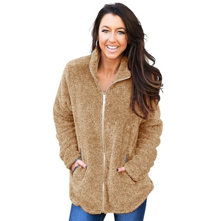 Women Winter Fashon Fuzzy Zipper Coat Sweatshirt Lapel Long Sleeve Coat Fleece Warm Jacket Outwear