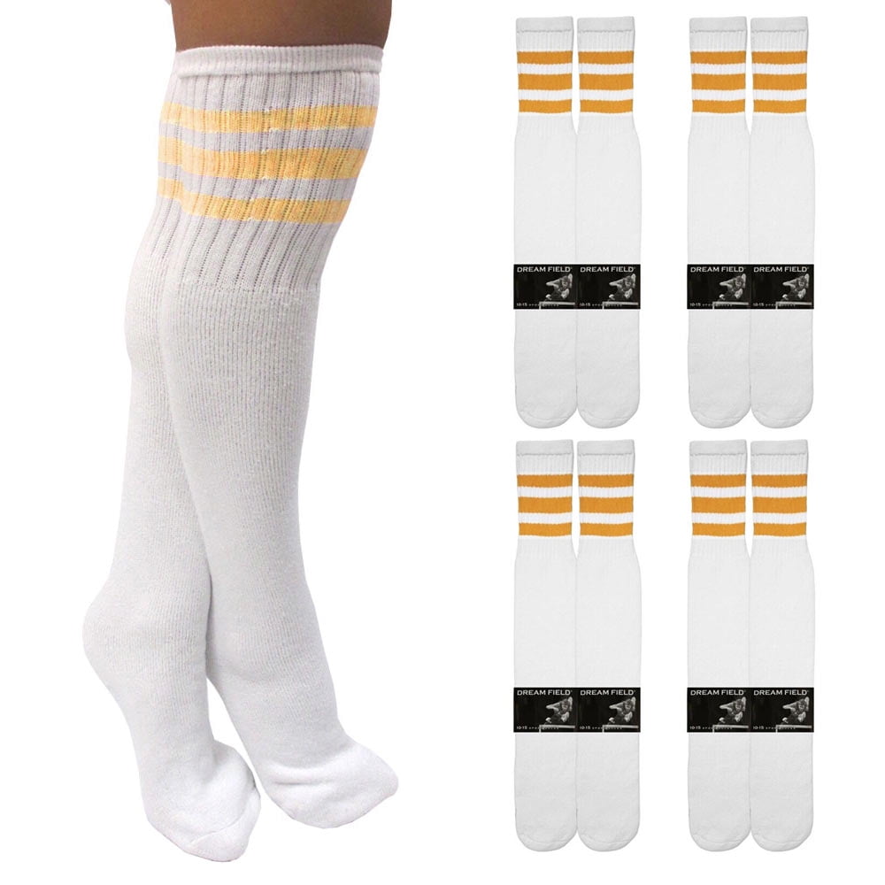 knee high white socks with yellow stripes