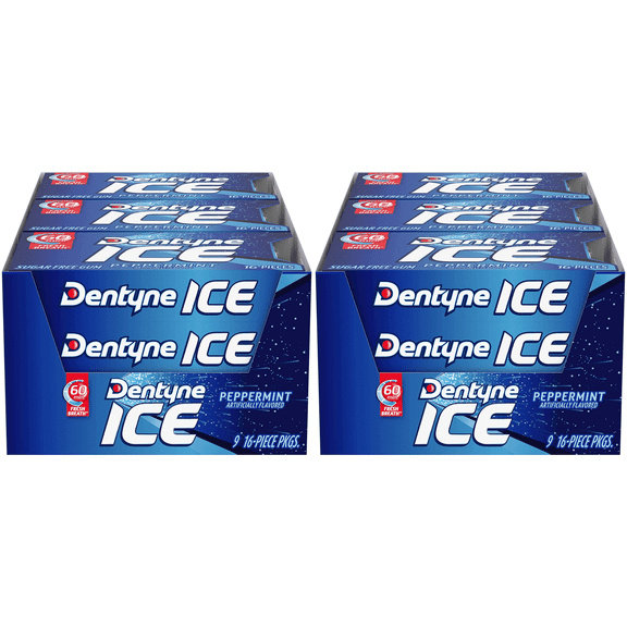 Dentyne Ice Peppermint Sugar Free Gum, 16 Piece Count Pack of 9 (144 Total Pieces) 2 Pack Boxes