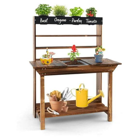 HOMGX Kids Potting Table, Wooden Children Planting Table w/ 4 Flowerpots, Chalkboard, Removable Sink & Large Storage Shelves, Outdoor Toy Gardening Center for Kids 3 , Natural