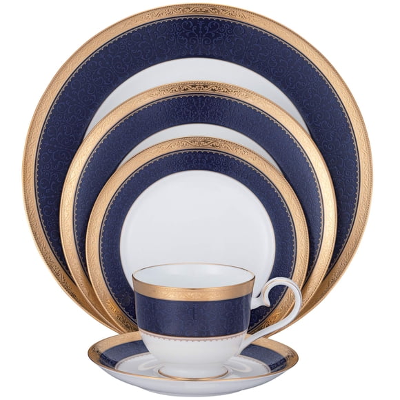 Vajilla Noritake Odessa Cobalt Gold de 5 piezas en azul/blanco