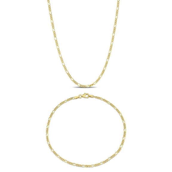 Everly Women's Yellow Silver 2.2mm Figaro Chain Necklace and Anklet Set - 16 in   9 in