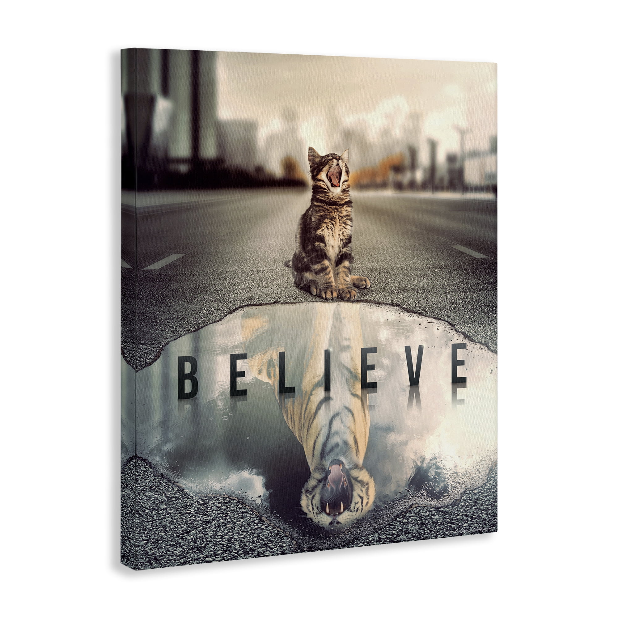 Stupell Industries Believe Cat & Tiger Animals Painting Wrapped Canvas Art Print Wall Art, 16 x 20