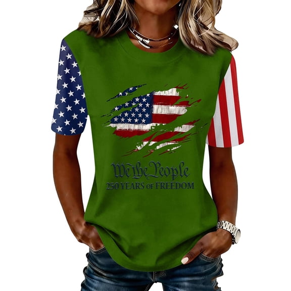 Women's 250th Anniversary USA Shirt Independence Day Top 4th of July Shirts America 250 Merchandise Crew Neck Flag Graphic Tee