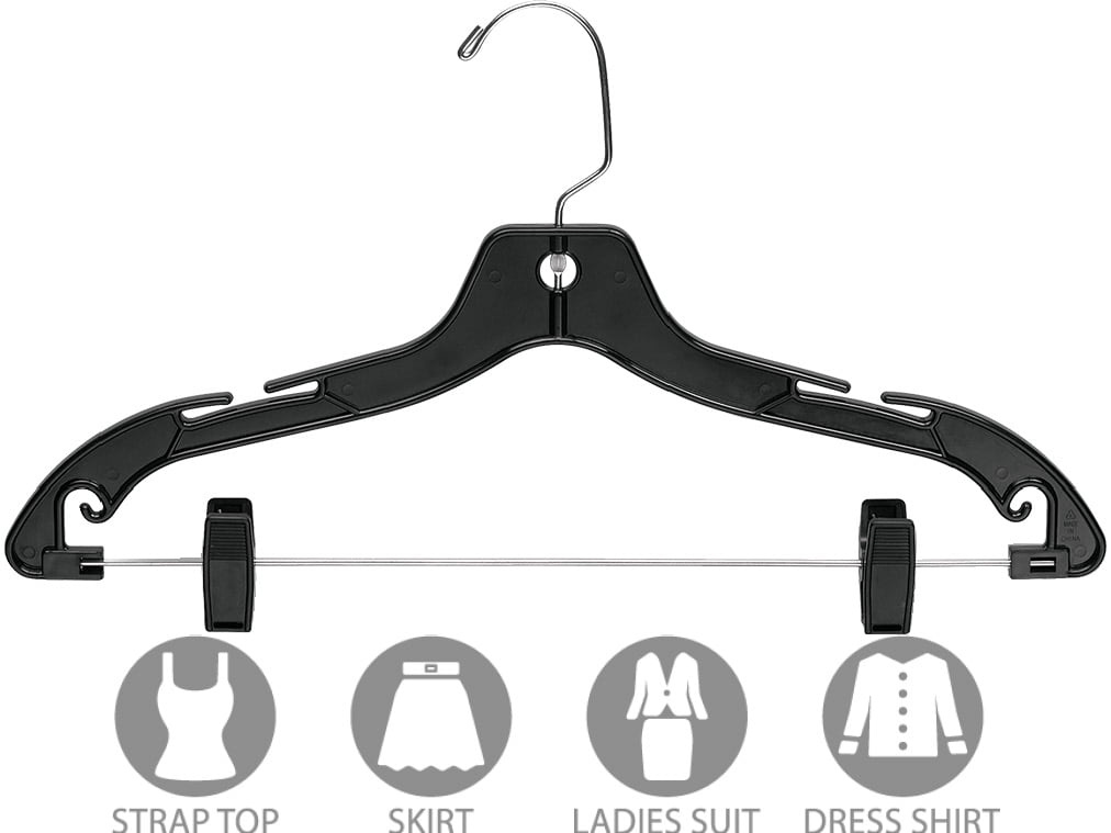 Matte Black Plastic Combo Hanger w/ Adujstable Clips, Box of 100 Space Saving Hangers w/ Notches and 360 Degree Nickel Swivel Hook for Shirt Dress or Skirt by International Hanger
