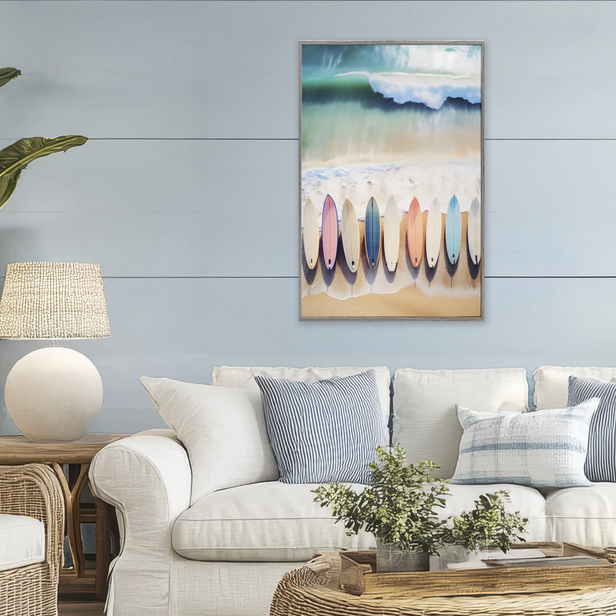 Stupell Industries Aerial View Surfboards Shoreline Gray Framed Giclee Art, design by Creative Studio