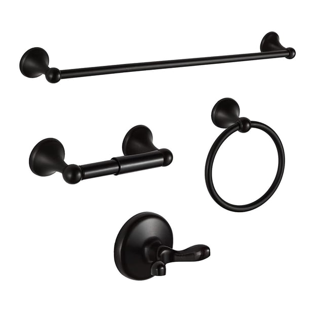 Agkxhdec Juego De Accesorios De Baño Negro Mate Barra De Toalla Ajustable Anillo De Toalla Soporte De Papel Higiénico Gancho Para Bata Juego De Accesorios De Baño De 4 Piezas Montado En La Pared (Negr
