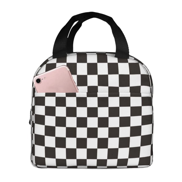 Easygdp Black and White Checkerboard Bolsa Térmica Premium - Tela Oxford Impermeable, Gran Capacidad, Bolsillo Frontal, Unisex para Trabajo, Escuela, Actividades al Aire Libre y Picnics