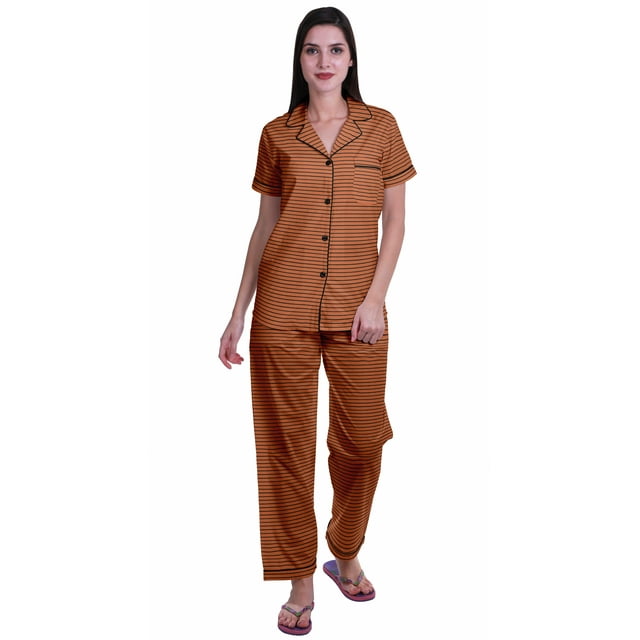 Moomaya Ensemble de Pyjama à Manches Courtes Imprimé pour Femmes Chemise de Nuit Boutonnée Imprimée