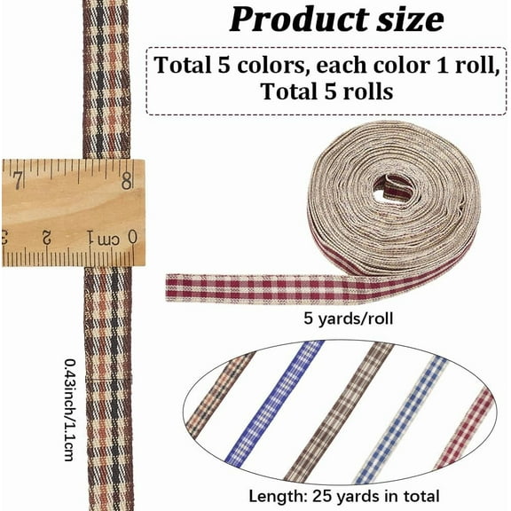 5 Rolls 22.9Ms Tartan Plaid Ribbon 11mm Wide Checkered Woven Edge Webbing Trim Christmas Gingham Ribbons Bows Wreaths Making Crafts for Gift Wrapping Bouquet Wreath Hair Party Decor