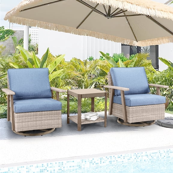 Auzfy 3 Pcs Oversized Wicker Patio Rocking Swivel Outdoor Chairs with Blue Cushion, Outdoor 360°Swivel Gliders Set