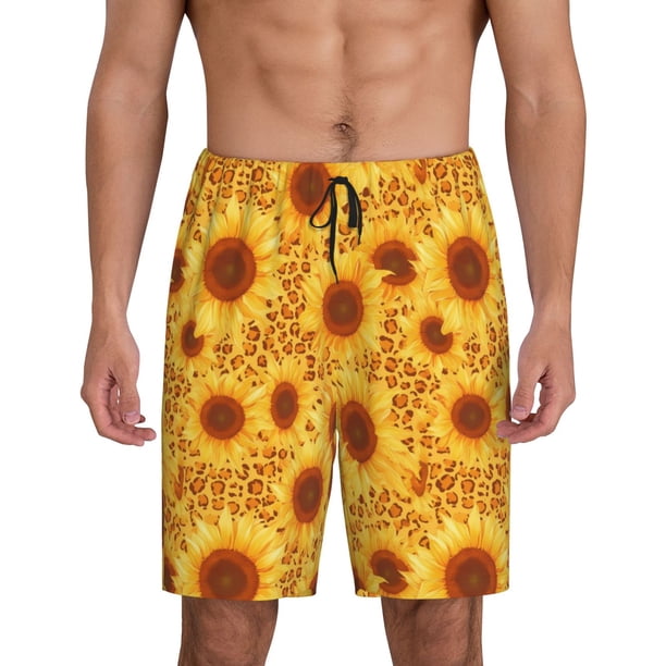 Balery Vintage Leopard Print Sunflower Pantalones cortos de pijama de punto de algodón para hombre con cinturilla y bolsillos-XX-Large