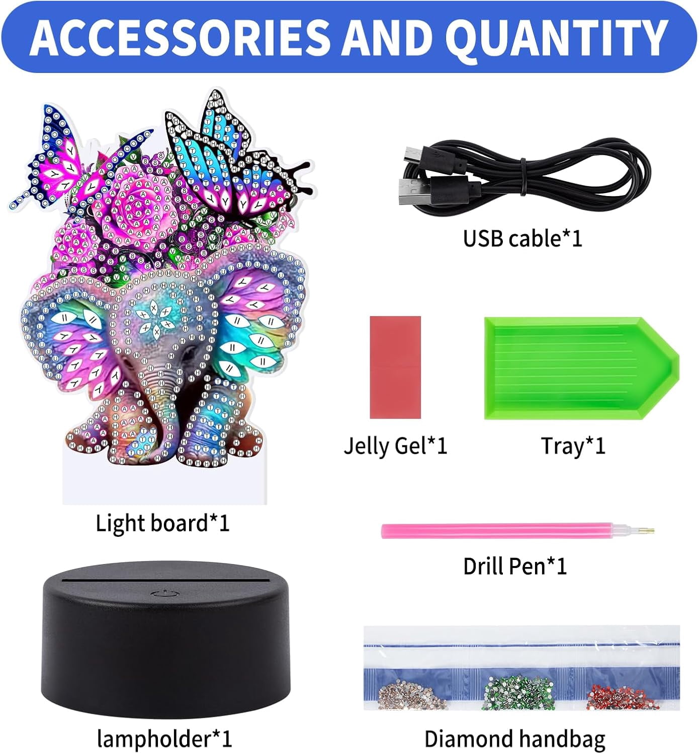 Elephant Diamond Painting Night Light, Touch Lamp Desktop Ornament for Adults Beginners, Home Bedroom Decor