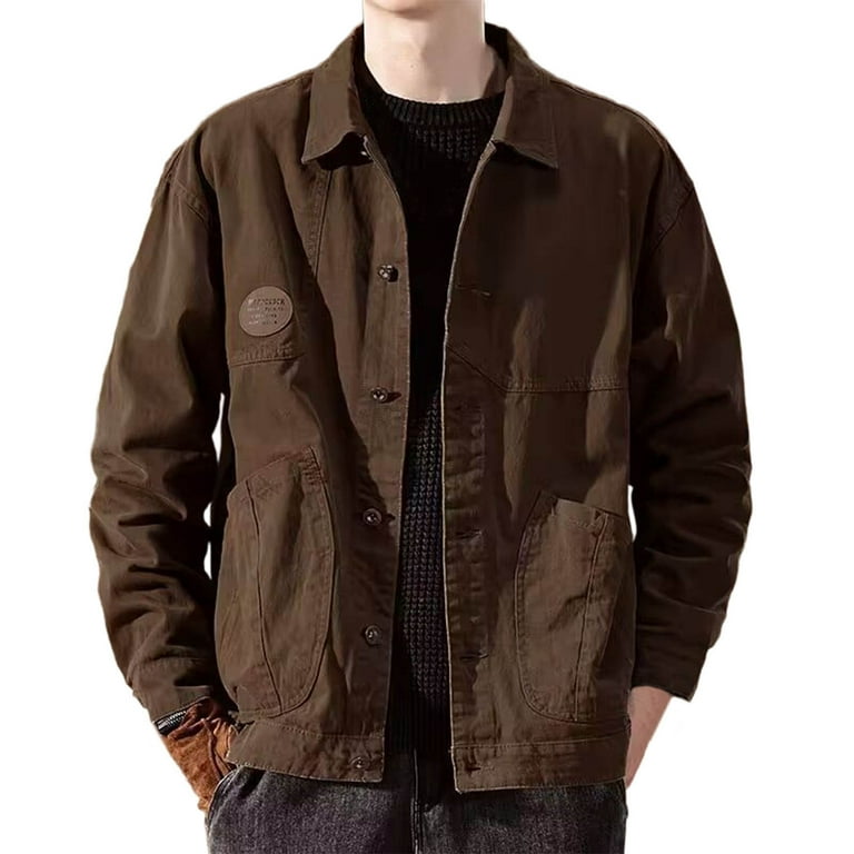 Pejock Men's Vintage Work Jacket Short Sleeve, Double Breast