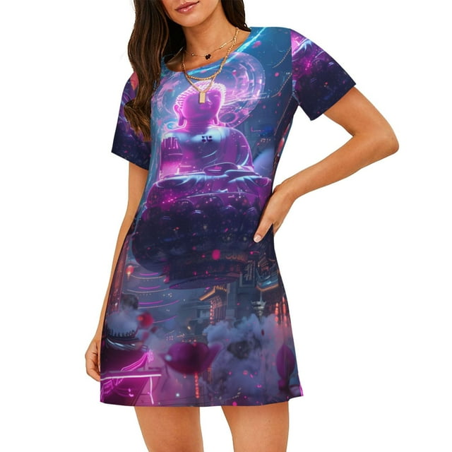 Fotbe Neon Buddha Cityscape Bata de Dormir para Mujer con Estampado, Camisón de Algodón de Manga Corta, Ropa de Dormir Casual