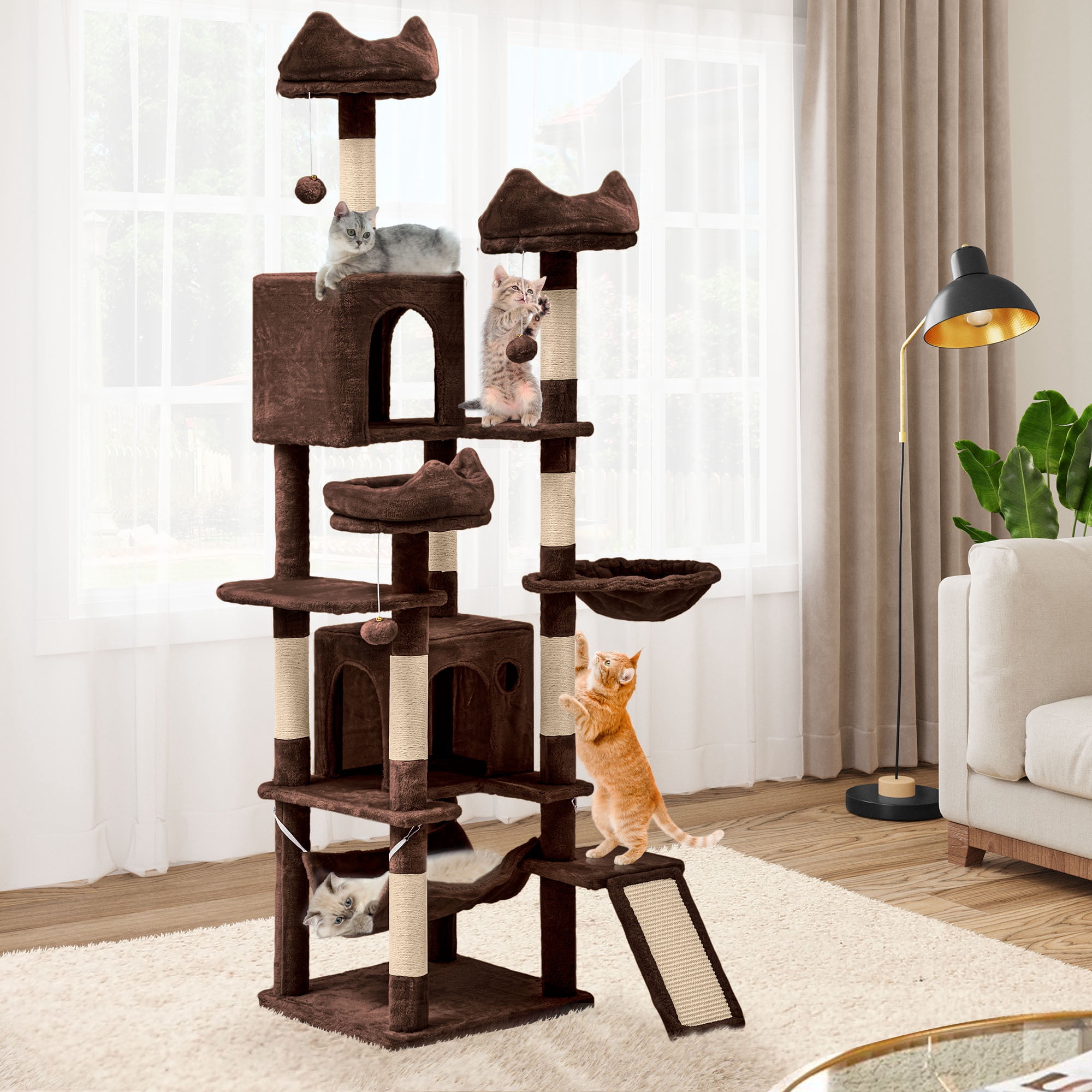 Uforic 75 Inch Multi-Level Cat Tree Tower with 2 Cat Condos, Hammocks, Sisal Scratching Posts & Fluffy Teaser Balls, Brown