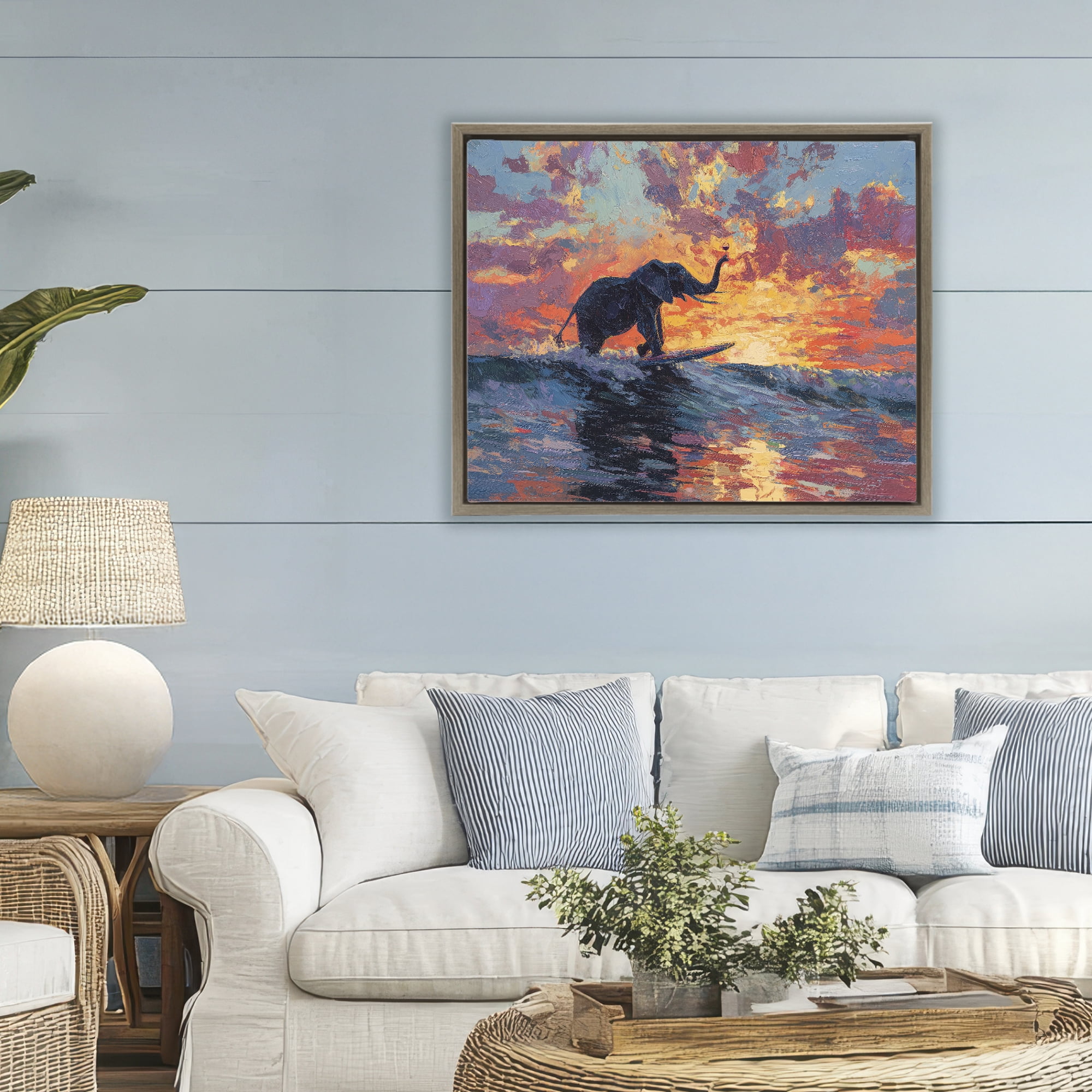 Sunset Surf Elephant Brown Framed Floater Canvas Wall Art, design by Ziwei Li