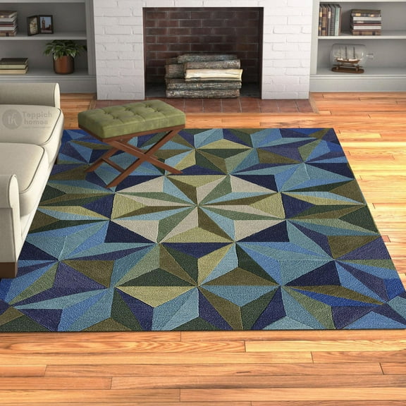 Blue Area Rug 5X8, Geometric Carpet, Wool Rugs, Living, Bed, room, Rectangle Carpet