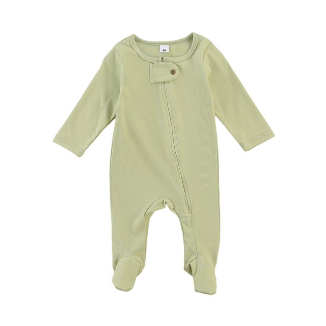 Faithtur Solid Color Romper, Long Sleeve Round Neck Zip-up Footed Jumpsuit