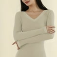 thumbnail image 4 of SnZhen Thermal Underwear Set for Women Elastic Comfort V-neck Solid Color Long Sleeves Warm Suits Tight Pajama Set B-Beige Free Size, 4 of 5