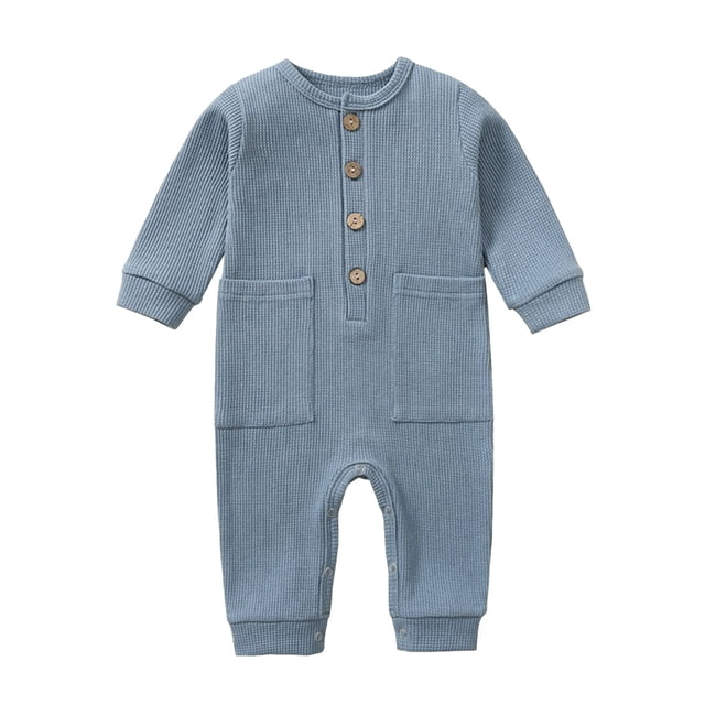 FAIWAD Baby Boy Girl Long Sleeve Button Romper Round Neck Solid Color Jumpsuit Spring Casual Romper