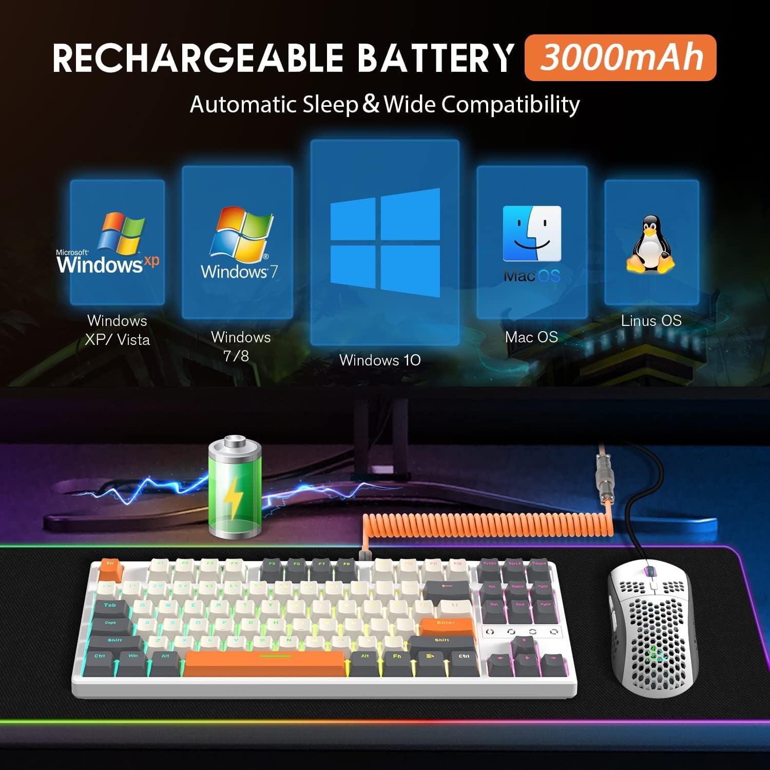 Attack Shark Gaming Keyboard 2.4G/BT5.0/USB-C Cable,Hot-swap Tactile Switch,RGB,3000mAh for PC