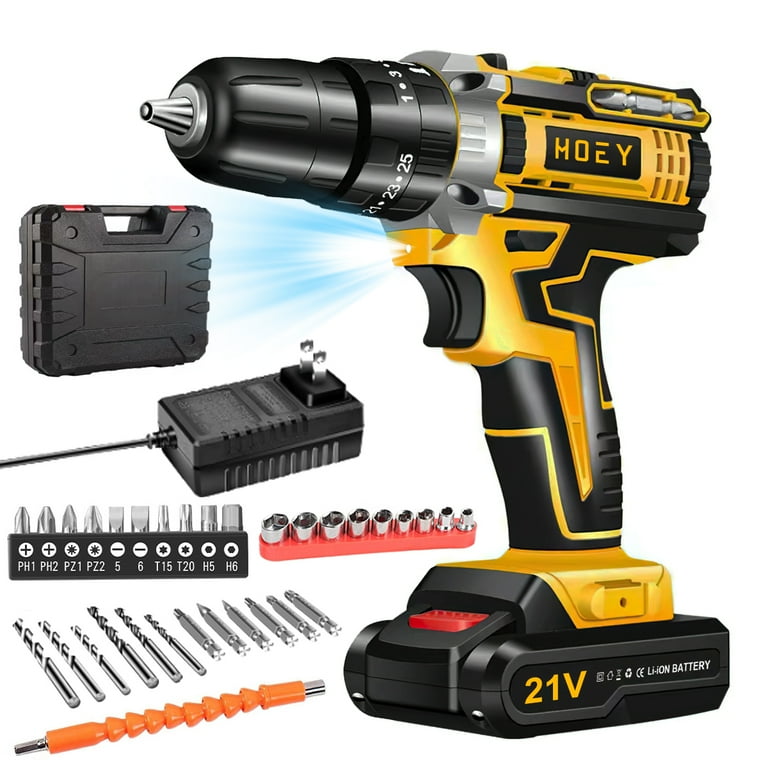 21V Cordless Drill Set Electric Power Drill 34Pcs with 3 8 Inch Keyless Chuck 25 3 Clutch Compact Driver Drill with Work Light Max torque 45Nm