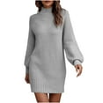 thumbnail image 2 of NSLGXD Sweater Dresses for Women Casual Mock Neck Long Puff Sleeve Soft Knitted Bodycon Pullover Mini Sweater Dress Solid Warm Ribbed Knit Tunic Dress, 2 of 7