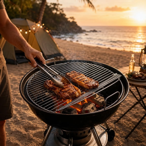 17 Inch Round BBQ Grill Grate, Heavy-Duty Plated Carbon Steel Cooking Grid with Handles, Adjustable Replacement Grill Rack for Charcoal Kettle Grills, Rust-Resistant Outdoor Barbecue Cooking Grate